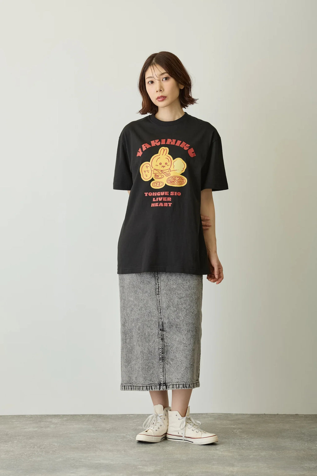 Chiikawa Pack T-Shirt: Yakiniku (Japanese BBQ)/Squats, Black/Oatmeal