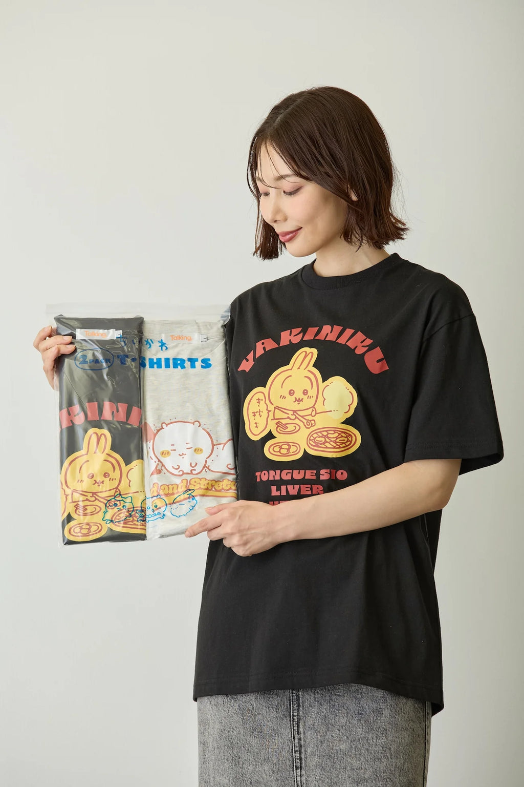 Chiikawa Pack T-Shirt: Yakiniku (Japanese BBQ)/Squats, Black/Oatmeal