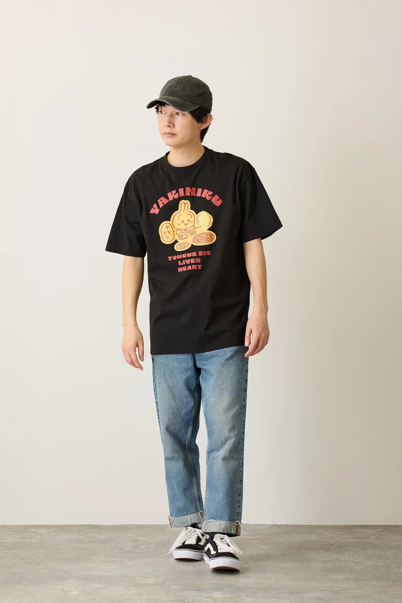 Chiikawa Pack T-Shirt: Yakiniku (Japanese BBQ)/Squats, Black/Oatmeal