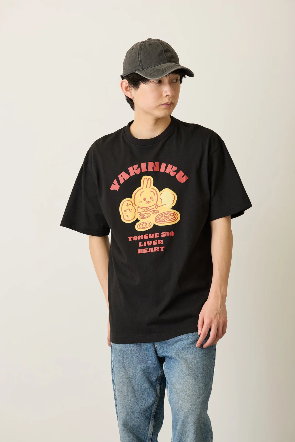Chiikawa Pack T-Shirt: Yakiniku (Japanese BBQ)/Squats, Black/Oatmeal
